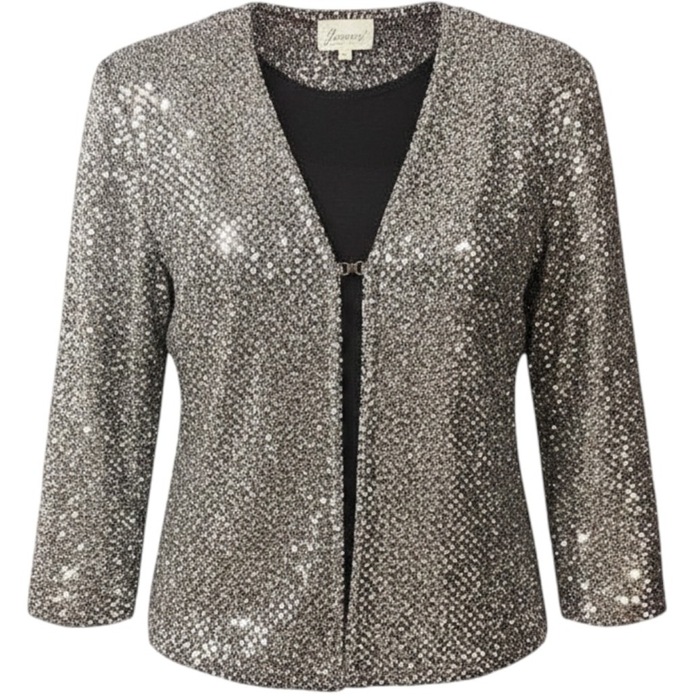 Vintage Joanna Jacket Womens XL Silver Sequin Knit Hook Front Cropped Made USA